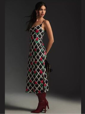 anthropologie elyse slip dress rose floral print midi dress